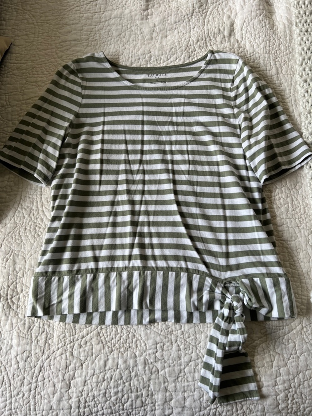 Talbots Olive & White Striped Short-Sleeve Tie-Hem Top